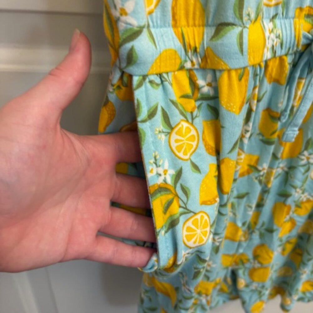 Light Blue Lemon Print Short Sleeve Romper with Pockets - Picture 2 of 3